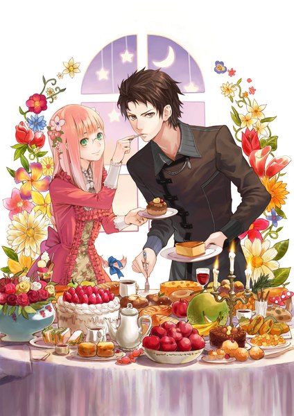 Anime picture 1447x2047 with shinigamihime no saikon kishida mel long hair tall image looking at viewer short hair black hair multiple girls brown eyes green eyes pink hair couple eating girl dress flower (flowers) 2 girls glasses food sweets