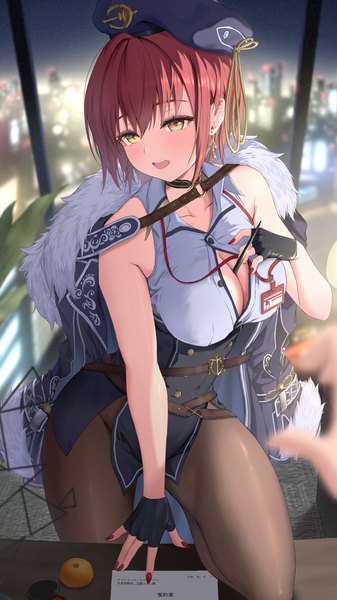 Anime picture 1080x1920 with virtual youtuber hololive houshou marine houshou marine (6th costume) bowsan tall image short hair breasts open mouth light erotic red eyes large breasts bare shoulders yellow eyes sky cleavage red hair nail polish :d fingernails