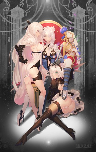 Anime picture 931x1472 with nier nier:automata drakengard drag-on dragoon 3 yorha no. 2 type b kaine (nier) zero (drag-on dragoon) ecell (artist) long hair tall image looking at viewer fringe short hair breasts light erotic hair between eyes standing sitting bare shoulders multiple girls