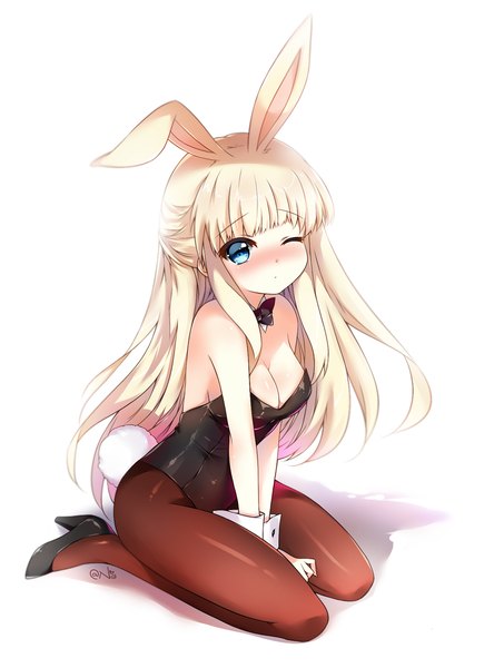 Anime picture 1200x1620 with original nia (leafunia) single long hair tall image looking at viewer blush fringe breasts blue eyes light erotic blonde hair white background sitting signed animal ears payot cleavage full body tail