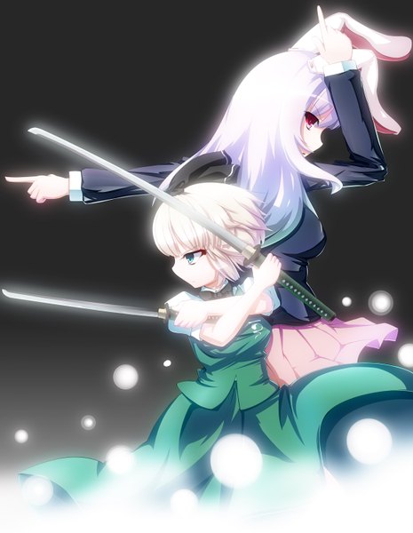 Anime picture 1162x1500 with touhou konpaku youmu reisen udongein inaba tama (speedgrapher) long hair tall image short hair red eyes multiple girls green eyes animal ears white hair profile bunny ears bunny girl girl skirt bow weapon 2 girls