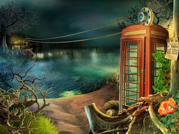 Anime picture 1067x800 with wolfewolf (arist) night night sky no people landscape river lake plant (plants) tree (trees) grass wire (wires) phone roots stump phone booth
