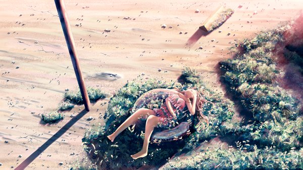 Anime picture 1200x675 with original yakkun (artist) long hair brown hair wide image lying barefoot shadow girl plant (plants) grass sundress