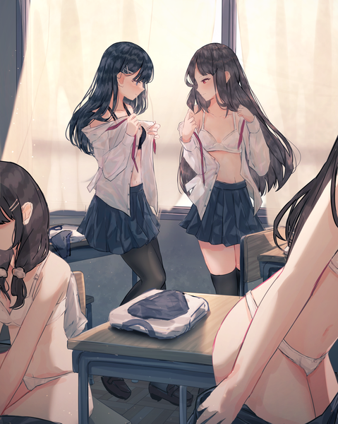 Anime picture 3464x4336 with original benevole long hair tall image blush fringe highres blue eyes light erotic black hair red eyes standing sitting multiple girls looking away absurdres indoors blunt bangs long sleeves profile