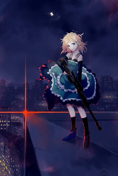 Anime picture 1207x1800 with black bullet kinema citrus tina sprout hinomoto madoka single tall image looking at viewer fringe short hair blue eyes blonde hair smile standing bare shoulders cloud (clouds) wind night night sky city cityscape