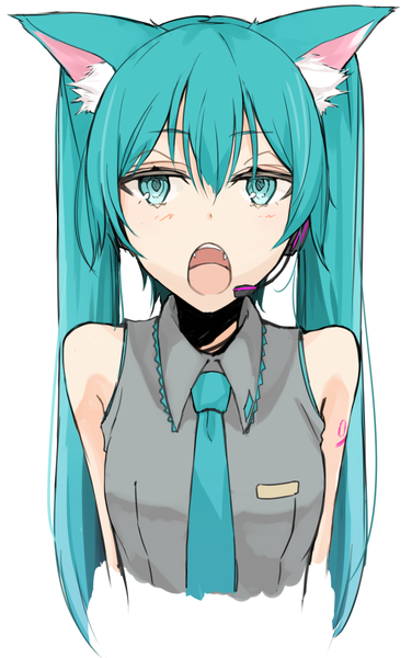 Anime picture 622x992 with vocaloid hatsune miku miruto netsuki single long hair tall image blush open mouth blue eyes simple background white background twintails bare shoulders animal ears blue hair cat ears teeth fang (fangs) tattoo girl