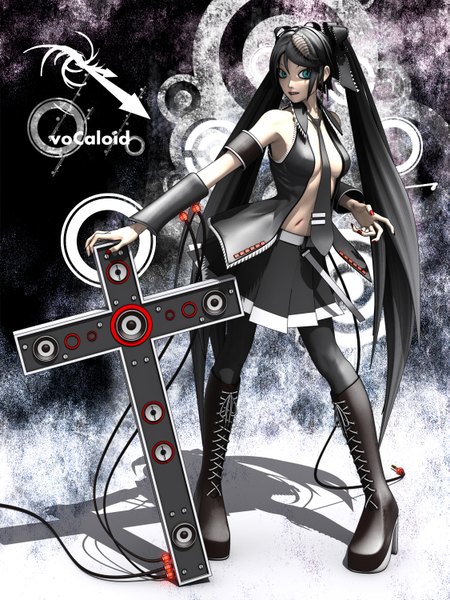 Anime picture 1125x1500 with vocaloid bacterial contamination (vocaloid) hatsune miku deino single tall image looking at viewer black hair twintails bare shoulders very long hair aqua eyes shadow girl skirt navel ribbon (ribbons) hair ribbon detached sleeves miniskirt