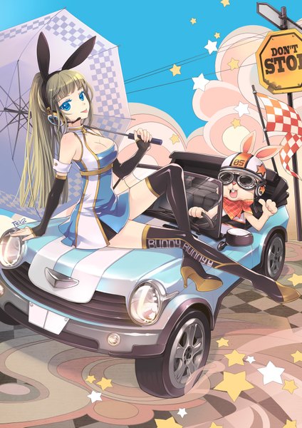 Anime picture 1200x1697 with original fei (pixiv) long hair tall image breasts blue eyes blonde hair ponytail bunny ears :p girl thighhighs dress detached sleeves headphones umbrella ground vehicle bunny car convertible