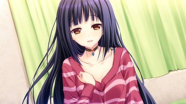 Anime picture 1280x720 with lovesick puppies karakouji orie sankuro single long hair looking at viewer blush open mouth smile wide image brown eyes blue hair game cg girl