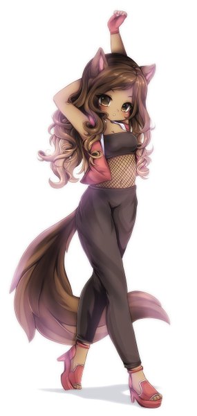 Anime picture 1260x2651 with midna01 single long hair tall image looking at viewer blush simple background brown hair white background brown eyes animal ears tail animal tail sleeveless dark skin girl clothes
