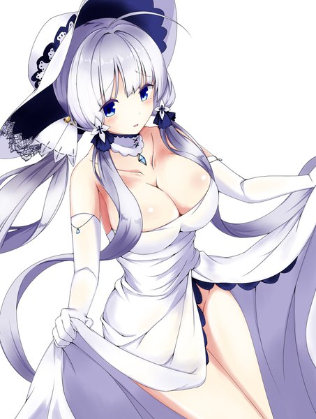 Anime picture 1480x1960 with azur lane illustrious (azur lane) mamizu single long hair tall image looking at viewer blush fringe breasts open mouth blue eyes light erotic simple background smile hair between eyes large breasts standing white background twintails