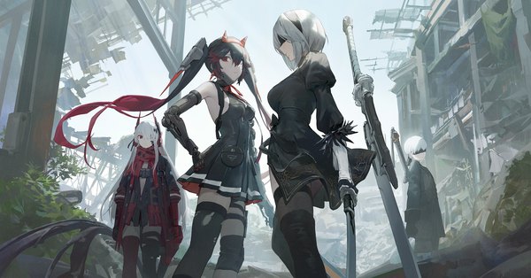 Anime picture 3000x1570 with nier nier:automata punishing: gray raven yorha no. 2 type b yorha no. 9 type s alpha (punishing: gray raven) lucia: crimson abyss (punishing: gray raven) modare long hair fringe highres short hair breasts black hair hair between eyes red eyes wide image twintails multiple girls holding