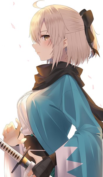 Anime picture 2619x4490 with fate (series) fate/grand order koha-ace okita souji (fate) (all) okita souji (koha-ace) jun (aousa0328) single tall image looking at viewer blush fringe highres short hair breasts simple background blonde hair hair between eyes white background yellow eyes payot