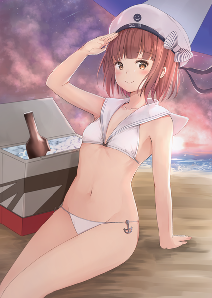 Anime picture 1200x1680 with kantai collection z3 destroyer (max schultz) maosame single tall image looking at viewer blush fringe short hair smile brown hair sitting brown eyes sky cloud (clouds) outdoors blunt bangs arm support bare belly bare legs