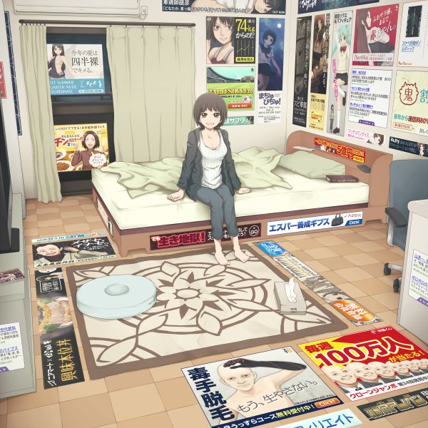 Anime picture 1200x1200 with original yajirushi (chanoma) looking at viewer short hair open mouth black hair sitting brown eyes barefoot open clothes open jacket girl bed room poster