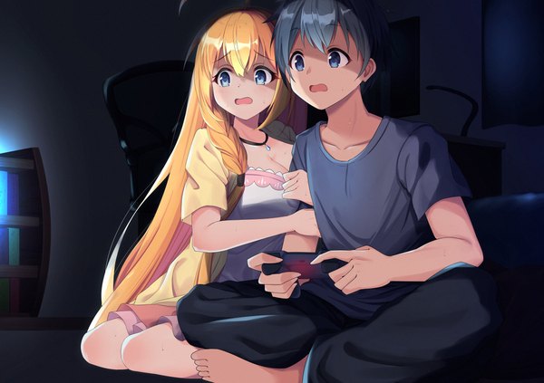 Anime picture 1254x885 with princess connect! re:dive princess connect! pecorine (princess connect!) yuuki (princess connect!) pecorine (real) (princess connect!) yuuki (real) (princess connect!) syurimp long hair fringe short hair breasts blue eyes black hair blonde hair hair between eyes sitting holding payot looking away cleavage