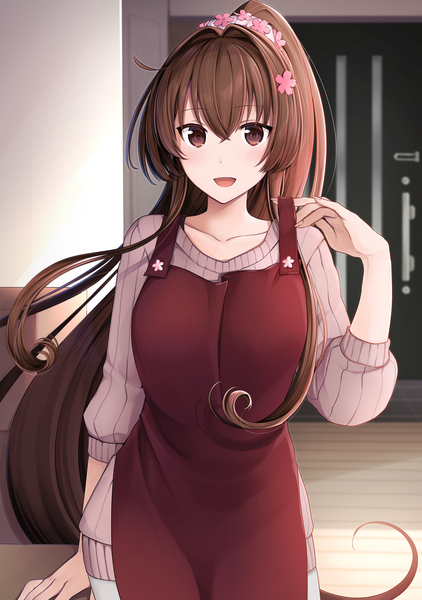Anime picture 2500x3554 with kantai collection yamato super battleship yuna (yukiyuna) single long hair tall image looking at viewer blush fringe highres breasts open mouth smile hair between eyes brown hair standing brown eyes ponytail indoors long sleeves