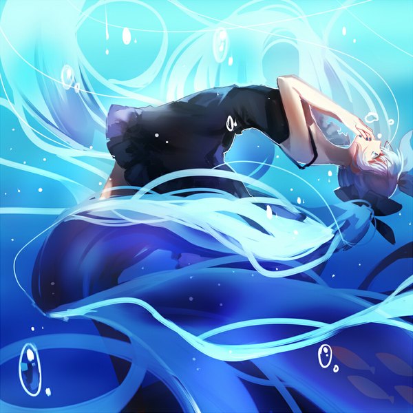 Anime picture 1000x1000 with vocaloid shinkai shoujo (vocaloid) hatsune miku wanaka single fringe twintails very long hair nail polish profile aqua eyes fingernails aqua hair looking up underwater girl dress black dress sundress bubble (bubbles)