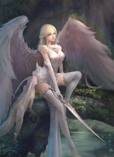 Anime picture 1000x1379 with original yueyue single long hair tall image looking at viewer fringe blue eyes blonde hair sitting holding payot bent knee (knees) outdoors braid (braids) realistic zettai ryouiki cleavage cutout leg lift (legs lift) angel wings