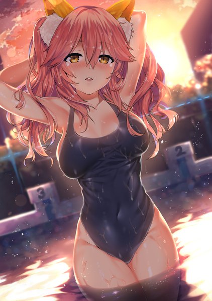 Anime picture 1020x1450 with fate (series) fate/grand order tamamo (fate) (all) tamamo no mae (fate) kawai (purplrpouni) single long hair tall image looking at viewer blush fringe breasts open mouth light erotic hair between eyes large breasts standing animal ears yellow eyes pink hair