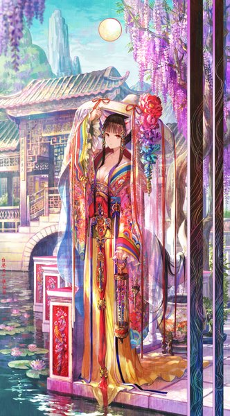 Anime picture 959x1730 with original fuzichoco single long hair tall image looking at viewer black hair red eyes animal ears tail traditional clothes animal tail girl hair ornament flower (flowers) plant (plants) hat tree (trees)