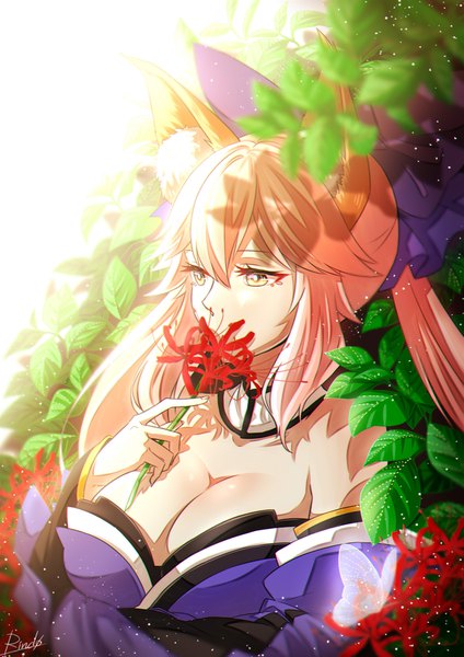 Anime picture 1165x1650 with fate (series) fate/extra tamamo (fate) (all) tamamo no mae (fate) rindo8 (rindo7) single long hair tall image fringe breasts light erotic hair between eyes large breasts holding signed animal ears yellow eyes payot looking away pink hair