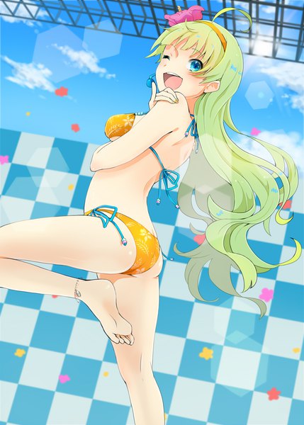 Anime picture 1200x1679 with idolmaster idolmaster million live! shimabara elena witoi (roa) single long hair tall image looking at viewer breasts open mouth blue eyes light erotic smile sky ahoge nail polish one eye closed barefoot hair flower green hair