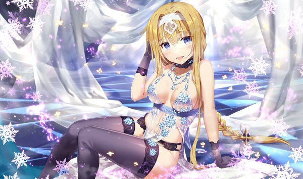 Anime picture 1200x708 with fate (series) fate/grand order sword art online sword art online: alicization a-1 pictures artoria pendragon (all) artoria pendragon (lancer alter) alice zuberg gabiran single long hair looking at viewer blush fringe breasts open mouth blue eyes light erotic blonde hair hair between eyes
