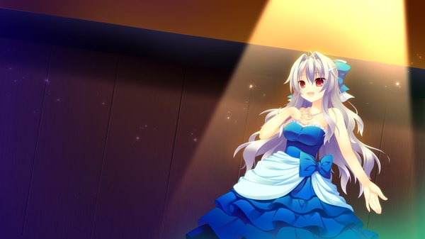 Anime picture 1280x720 with magical dears diana lanford single long hair looking at viewer open mouth red eyes wide image blue hair game cg girl dress bow hair bow