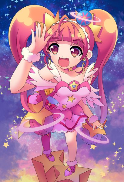 Anime picture 1000x1467 with precure star twinkle precure toei animation hoshina hikaru cure star hoxi single long hair tall image looking at viewer blush fringe open mouth smile standing payot pink hair full body ahoge blunt bangs