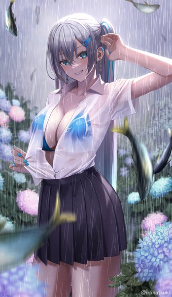 Anime picture 1070x1840 with original ironatsuki single long hair tall image looking at viewer blush fringe breasts blue eyes light erotic smile hair between eyes large breasts standing signed payot outdoors nail polish pleated skirt