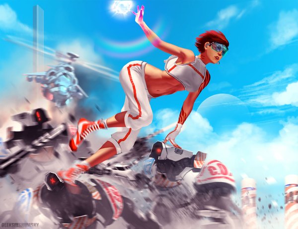 Anime picture 1600x1233 with zolerit (artist) single short hair sky cloud (clouds) red hair tattoo girl navel glasses headphones fingerless gloves microphone goggles rainbow helicopter