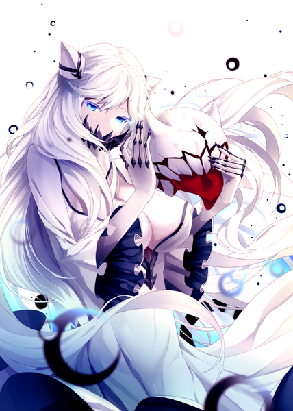 Anime-Bild 1050x1470 mit kantai collection midway hime enemy aircraft (kantai collection) limeblock single long hair tall image looking at viewer fringe breasts blue eyes light erotic simple background large breasts white background holding white hair head tilt wide sleeves teeth