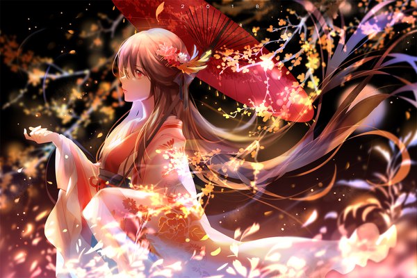 Anime-Bild 1500x1000 mit original yu jiu single red eyes brown hair very long hair traditional clothes japanese clothes profile hair flower wind outstretched arm dark background girl hair ornament flower (flowers) petals kimono umbrella oriental umbrella