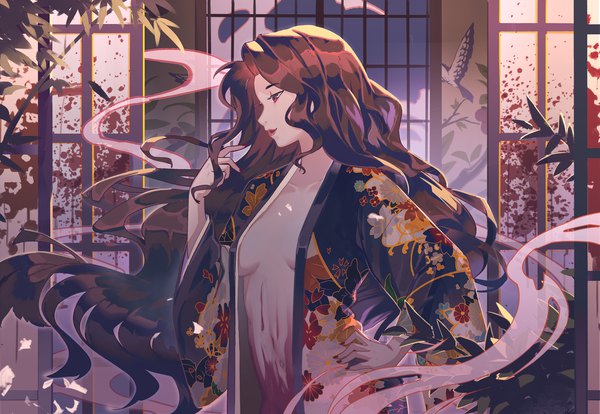 Anime picture 2000x1380 with kimetsu no yaiba ufotable kibutsuji muzan tea sly single highres breasts light erotic red eyes brown hair looking away upper body indoors very long hair nail polish traditional clothes japanese clothes profile hand on hip smoke