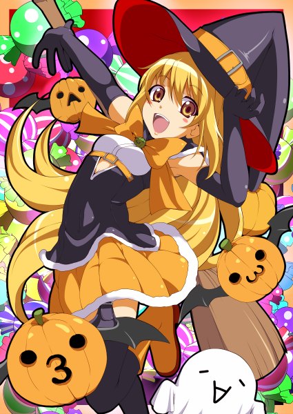 Anime picture 850x1200 with original miyabi (miura105) single long hair tall image looking at viewer blush open mouth blonde hair yellow eyes halloween :3 girl thighhighs gloves black thighhighs hat black gloves elbow gloves food