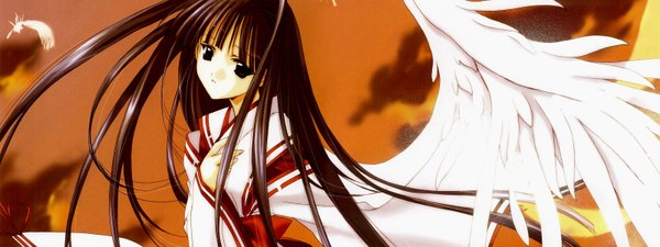 Anime picture 3200x1200 with angel/dust nanase aoi highres wide image sky japanese clothes miko angel dualscreen wings