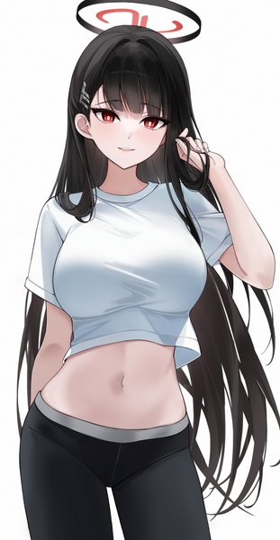 Anime picture 1375x2653 with blue archive rio (blue archive) lebring single long hair tall image looking at viewer fringe breasts black hair simple background red eyes standing white background blunt bangs arm up short sleeves holding hair girl navel