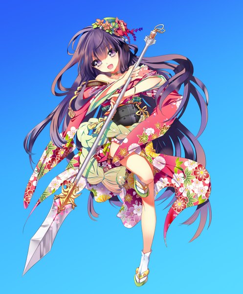 Anime picture 1162x1403 with original cu-rim single long hair tall image purple eyes purple hair hair flower blue background girl dress hair ornament weapon