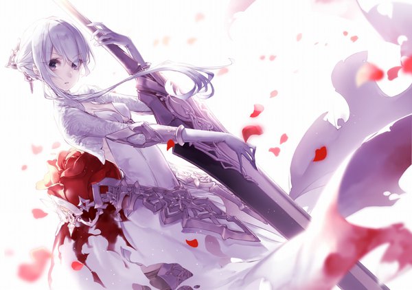 Anime picture 1600x1127 with sinoalice snow white (sinoalice) yoggi (stretchmen) single long hair looking at viewer fringe simple background hair between eyes standing white background holding silver hair grey eyes torn clothes bloody clothes girl dress gloves flower (flowers)