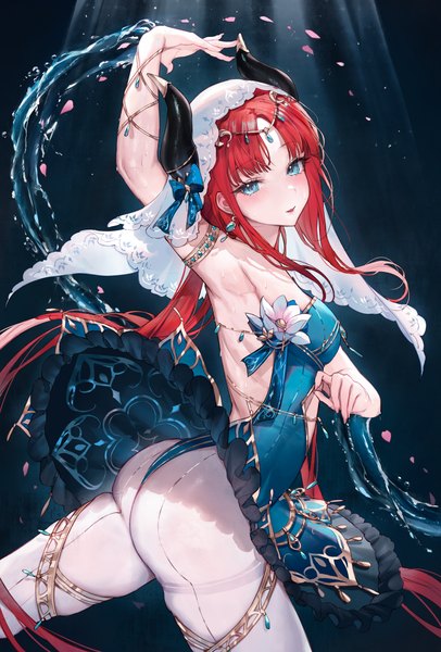 Anime picture 3048x4500 with genshin impact nilou (genshin impact) qiandaiyiyu single long hair tall image looking at viewer blush fringe highres breasts open mouth blue eyes light erotic absurdres ass red hair arm up horn (horns) wet