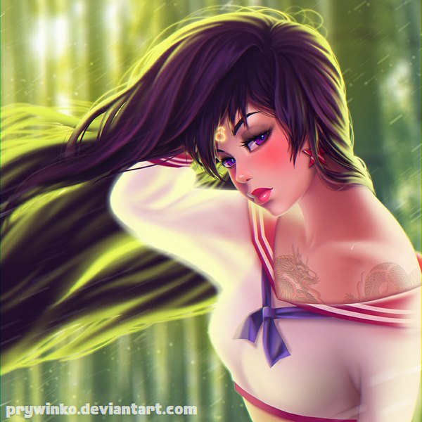 Anime picture 1000x1000 with bishoujo senshi sailor moon toei animation hino rei sailor mars olga narhova single long hair looking at viewer blush fringe purple eyes bare shoulders signed purple hair upper body head tilt green hair wind lips realistic