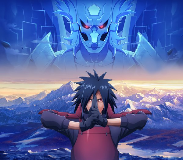 Anime picture 1600x1403 with naruto studio pierrot naruto (series) uchiha madara tagme (artist) single long hair looking at viewer fringe black hair hair between eyes red eyes sky outdoors mountain landscape hands clasped spiked hair boy gloves