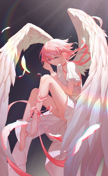 Anime picture 3000x4872 with crazy ones bai ou (crazy ones) j ang single tall image fringe highres short hair light erotic simple background hair between eyes looking away pink hair full body bent knee (knees) braid (braids) pink eyes barefoot official art angel wings