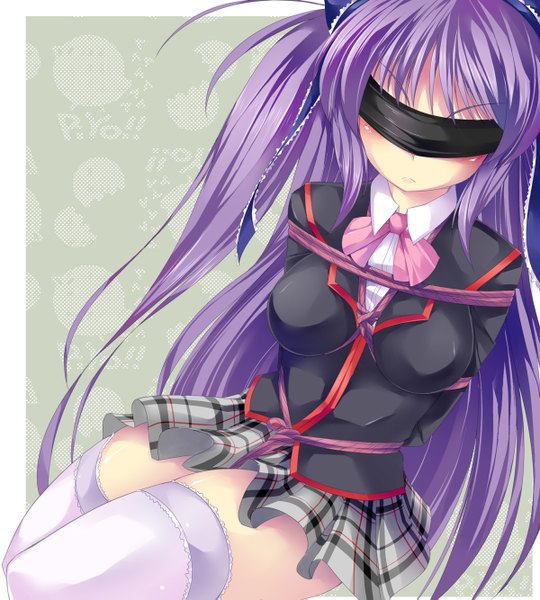 Anime picture 1200x1333 with little busters! key (studio) sasasegawa sasami maullarmaullar single long hair tall image blush purple hair bondage blindfold girl thighhighs uniform school uniform white thighhighs