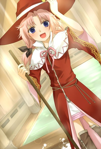 Anime picture 1378x2039 with rune factory melody (rune factory) okitsune (okitsune-sama) single tall image blush open mouth blue eyes blonde hair girl ribbon (ribbons) hat witch hat staff