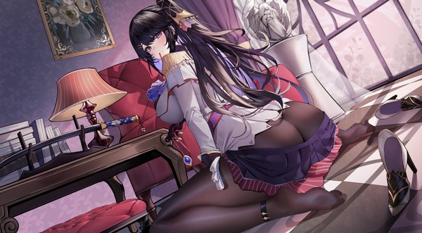 Anime picture 8772x4838 with millennium tour kurokami tsukuyo uaxa2334 single long hair looking at viewer fringe highres breasts light erotic black hair wide image large breasts sitting purple eyes absurdres ass indoors looking back multicolored hair