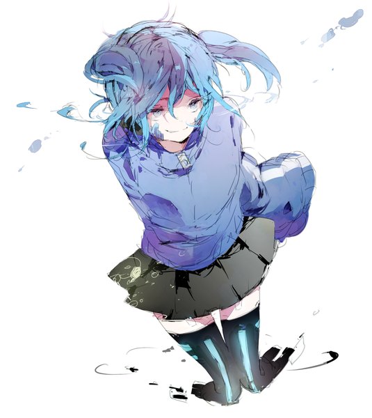 Anime picture 900x1009 with kagerou project shaft (studio) ene (kagerou project) sa-ka-na single tall image fringe short hair blue eyes simple background smile hair between eyes white background twintails blue hair looking away full body long sleeves from above short twintails