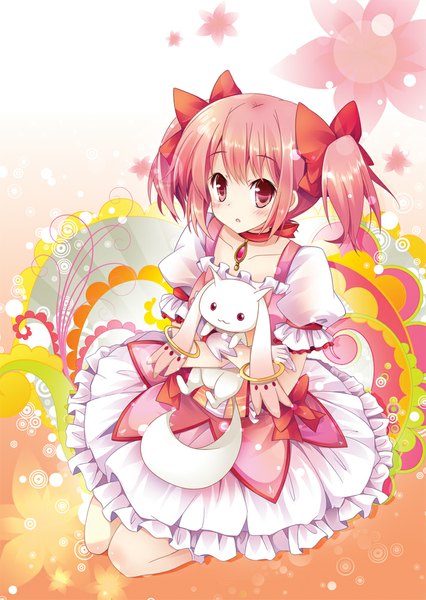 Anime picture 710x1000 with mahou shoujo madoka magica shaft (studio) kaname madoka kyuubee mocha (naturefour) long hair tall image blush sitting twintails pink hair pink eyes short twintails :3 magical girl girl dress gloves ribbon (ribbons) bow