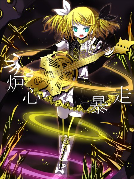 Anime picture 1200x1600 with vocaloid meltdown (vocaloid) kagamine rin november-eri (artist) single tall image short hair open mouth blonde hair twintails green eyes short twintails girl skirt hair ornament detached sleeves miniskirt boots bobby pin musical instrument